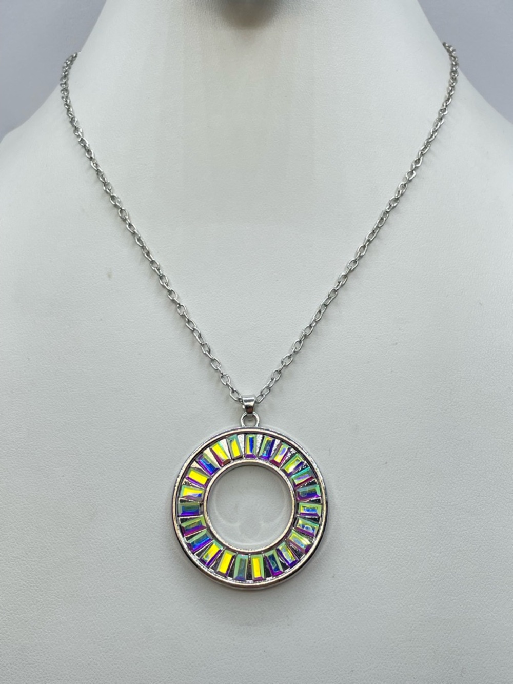 Silver Tone AB Crystal Necklace Aurora Borealis Sparkle Statement